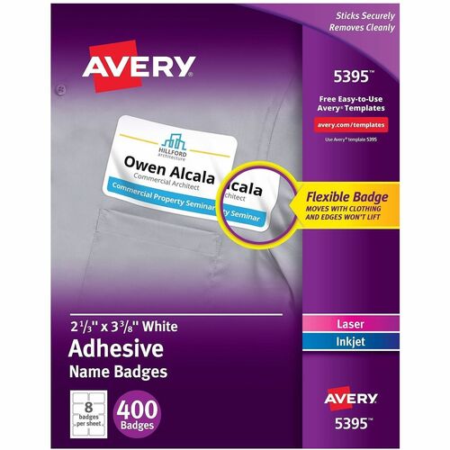 Name Badges, Laser/Inkjet, 2-1/3"x3-3/8", White 400/BX