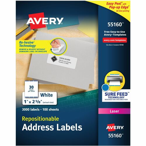 Laser Labels, Address, 1" x 2-5/8", White 3000/BX