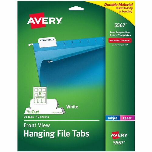 Hanging File Tabs, Laser/Inkjet, 1/5 Tabs, 8-1/2" x 11", White 90/PK
