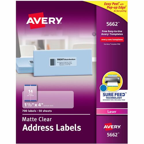 Laser Labels, Address, 1-1/3"x4", Matte Clear 700/BX