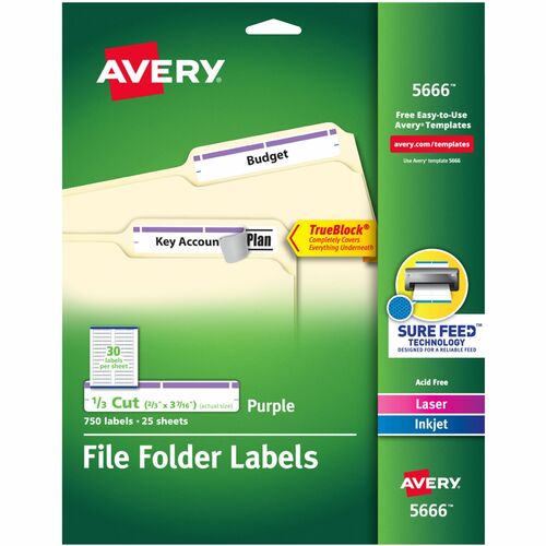 Labels, Filing, TrueBlock, 1/3 Cut, Purple 750/PK
