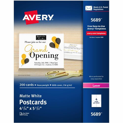 Laser Postcards, Perforated, 5-1/2" x 4-1/4", White 200/BX