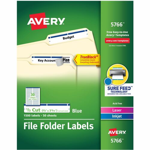Labels, Filing, TrueBlock, 1/3 Cut, Blue 1500/BX