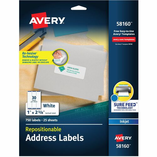 Inkjet Labels, Address, Repositionable, 1" x 2-5/8", White 750/PK