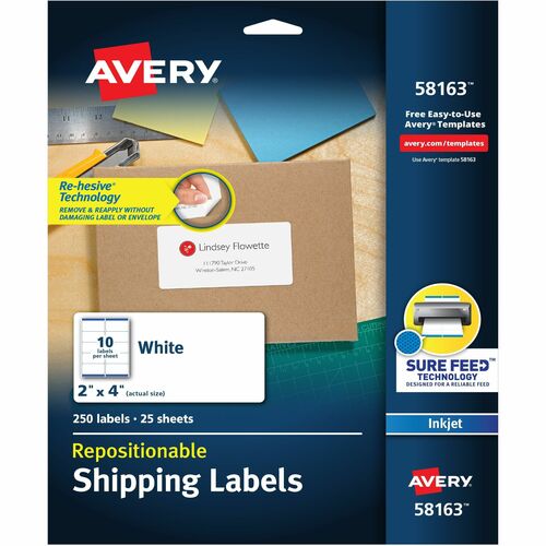 Inkjet Labels, Shipping, Repositionable, 2" x 4", White 250/PK