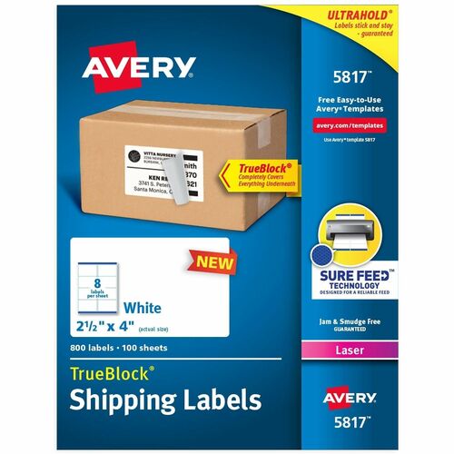 Labels, Laser, Shipping, Permanent, 2-1/2" x 4", White 800/BX