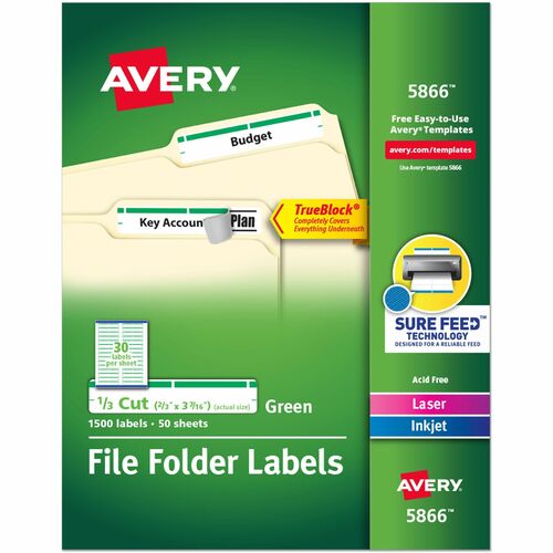 Labels, Filing, TrueBlock, 1/3 Cut, Green 1500/BX