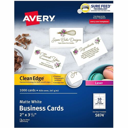 Printable Business Cards, 2-Sides, 3-1/2"x2", White 1000/BX