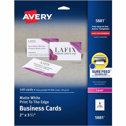 Business Cards, Full Color Laser Printer, 2" x 3-1/2", White 160/PK