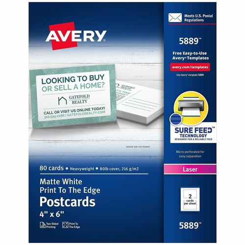 Color Laser Postcard, Perforated, 4" x 6", White 80/BX