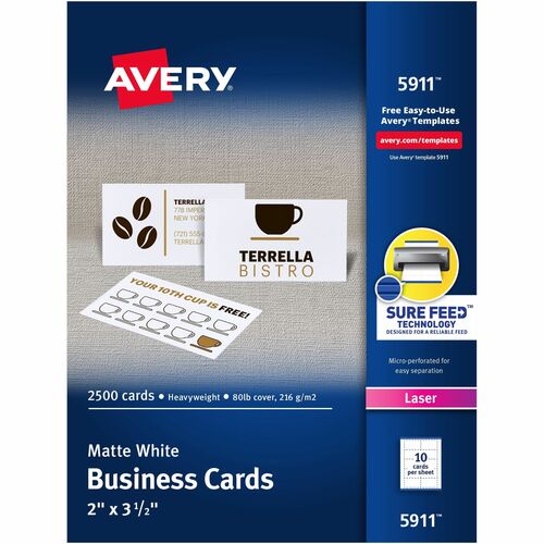Business Card, Laser, 2" x 3-1/2", White 2500/BX