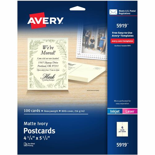 Postcards, Uncoated, Laser/Inkjet, 4-1/4" x 5-1/2", Ivory 100/BX