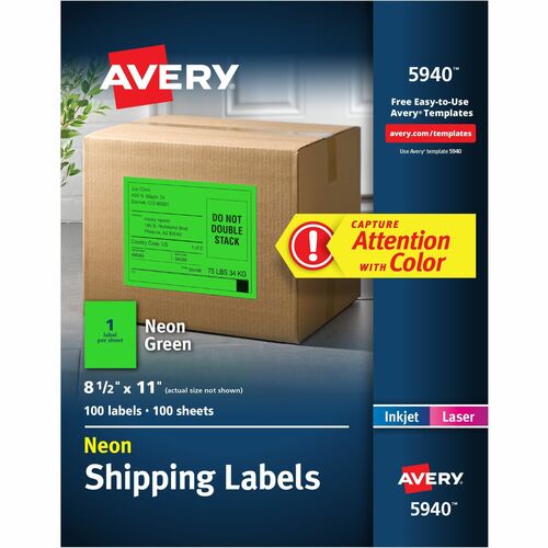 Shipping Labels, Laser, Hi Vis, 8-1/2" x 11", Neon Green 100/BX