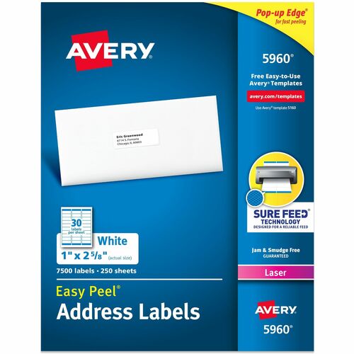 Laser Labels, Mailing, 1"x2-5/8", White 7500/BX