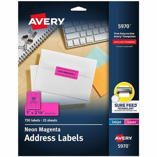 Address Labels, Laser, 1"x2-5/8", Neon Magenta 750/PK