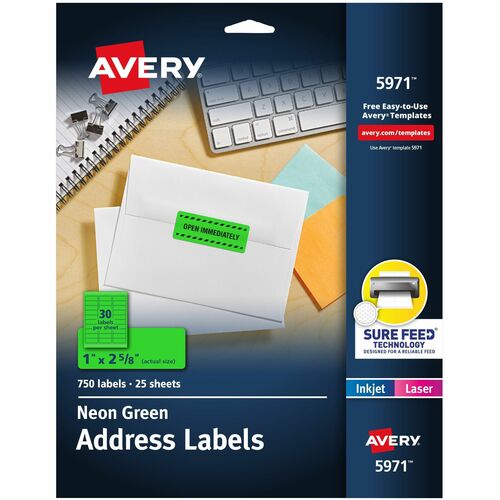 Address Labels, Laser, 1"x2-5/8", Neon Green 750/PK