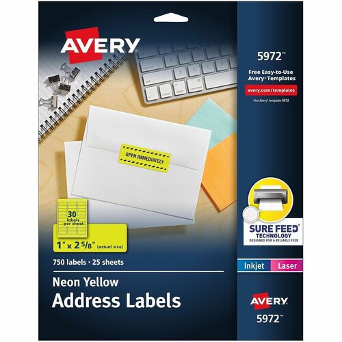 Address Labels, Laser, 1"x2-5/8", Neon Yellow 750/PK