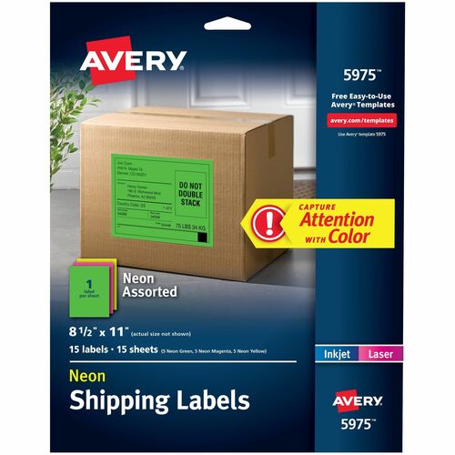 Neon Laser Labels, Rectangle, 8-1/2" x 11", Assorted 15/PK