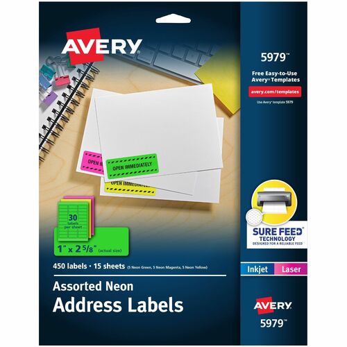 Address Labels, Laser, 1"x2-5/8", Neon Ast 450/PK