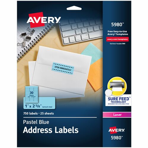Address Labels, Laser, 1"x2-5/8", Pastel Blue 750/PK