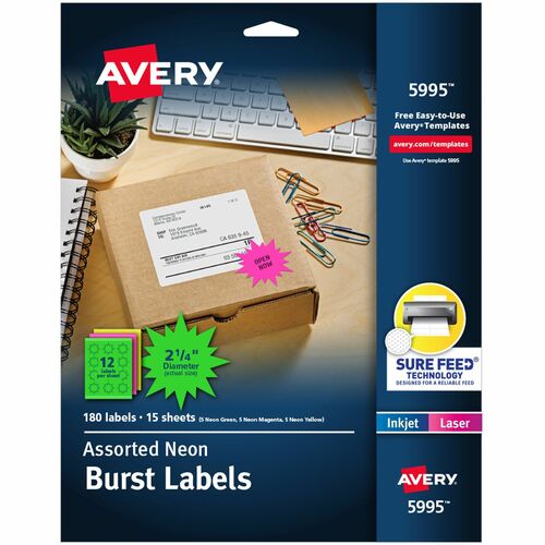 Neon Laser Labels, Burst, 2-1/4" Diameter, Neon AST 180/PK