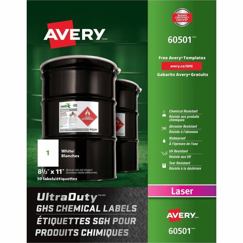 Labels, GHS Chemical, Laser, 8-1/2" x 11", White 50/BX