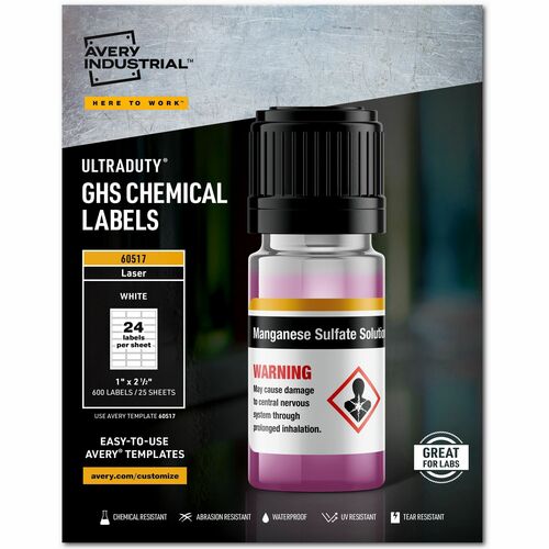 Labels, GHS Chemical, Laser, 1" x 2-1/2", White 600/BX