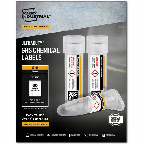 Labels, GHS Chemical, Laser, 1/2"x1-3/4", White 1500/PK