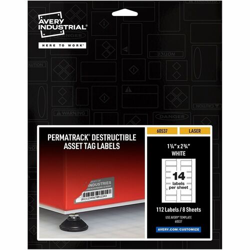 Asset Tag, Destructible, Laser, 1-1/4"x2-3/4", White 112/PK