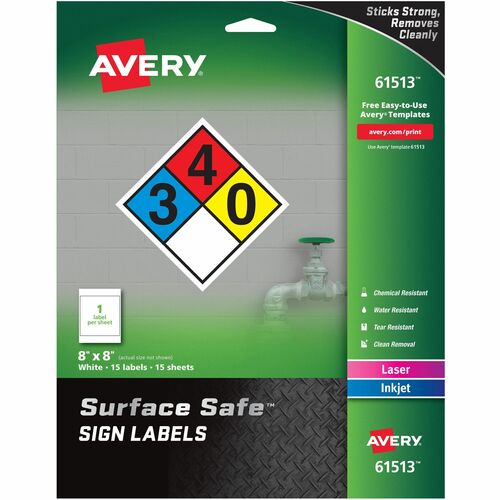 Labels, F/Safety Signs, Removable, 8" x 8", White 15/PK