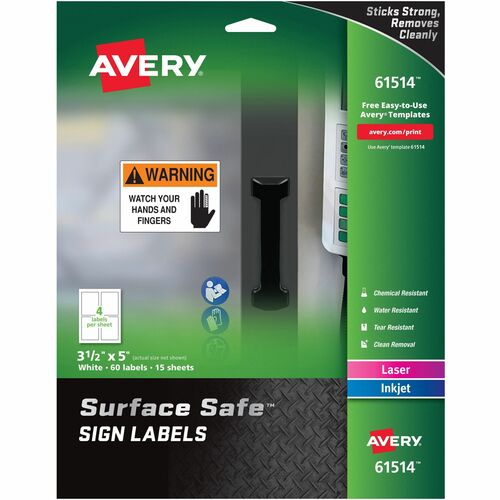 Labels, f/Safety Signs, Removable, 3-1/2" x 5", White 60/PK