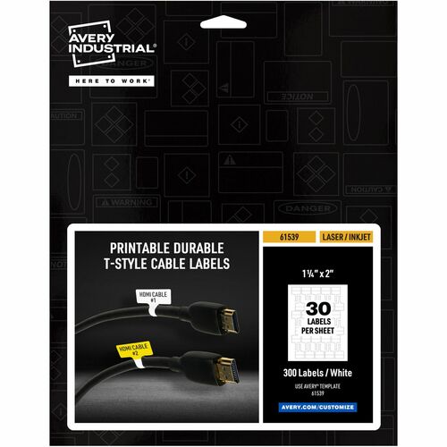 Labels, For Cables, T-Style, Laser/Inkjet, 1.25" x 2", White 300/PK