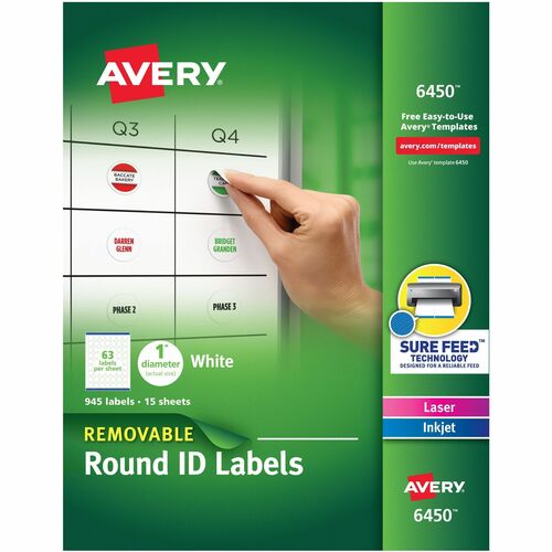 Removable Round Labels, 1", White 945/PK