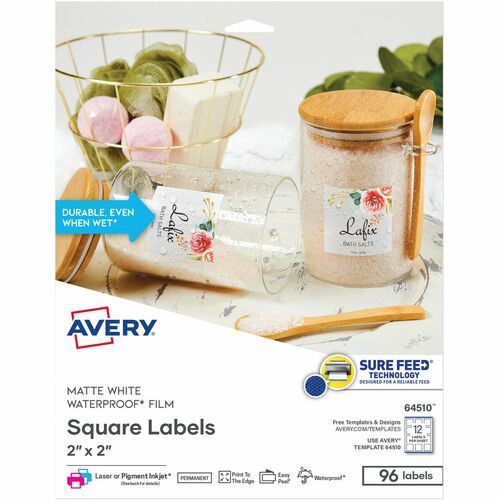 Labels, Waterproof, Square, Poly, 2" x 2", White 96/PK