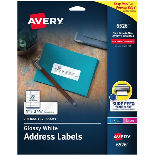 Mailing Labels, Address, 1" x 2-5/8", Glossy White 750/PK