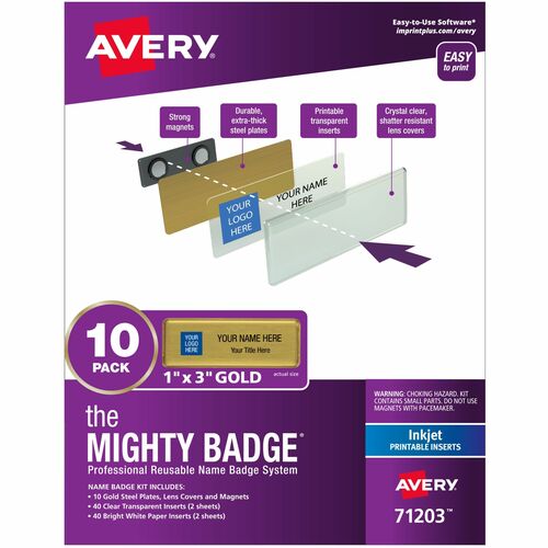 Badge Kit, Magnetic, Inkjet, Reusable, 1" x 3", Gold 10/PK