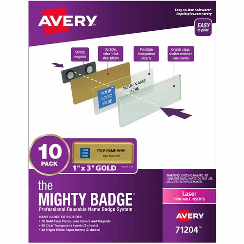Badge Kit, Magnetic, Laser, Reusable, 1" x 3", Gold 10/PK