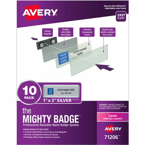 Badge Kit, Magnetic, Laser, Reusable, 1" x 3", SR 10/PK