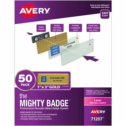 Badge Kit, Magnetic, Laser, Reusable, 1" x 3", Gold, 50/PK 5/CT