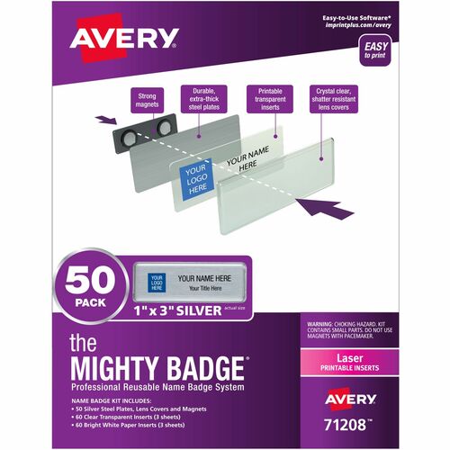 Badge Kit, Magnetic, Laser, Reusable, 1" x 3", SR, 50/KT 5/CT