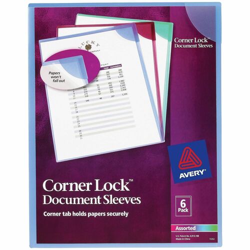 Corner Lock Document Sleeve, Translucent, Assorted 6/PK