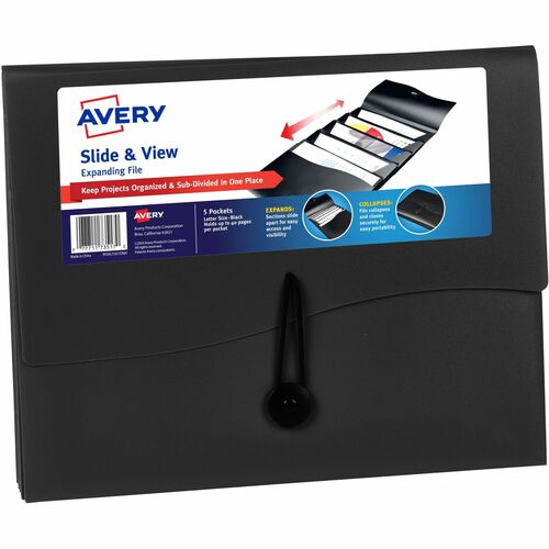 Expanding File, 5 Pockets, Poly, Slide & View, Letter, Black