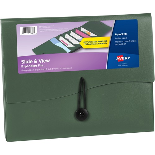 File Folder, 6-Pocket, Slide & View, Expanding, Letter-Size, Sage
