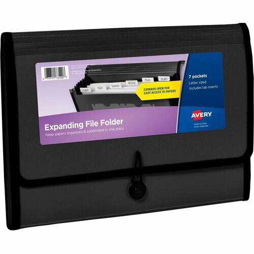 File Organizer, 7-Pocket, Accordion, Poly, Letter-A4-Size, Black