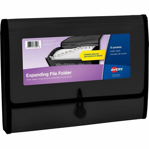 File Organizer, 13-Pocket, Accordion, Poly, Letter-A4-Size, Black