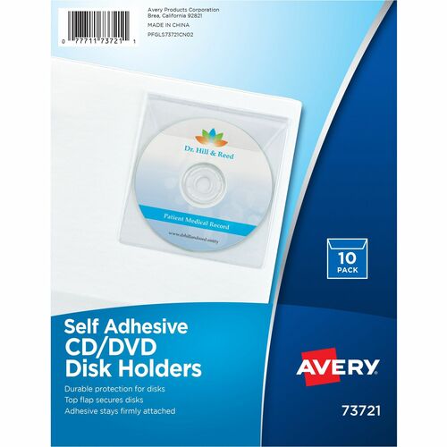 Media Pockets, CD/DVD, Adhesive, Vinyl, Clear 10/PK