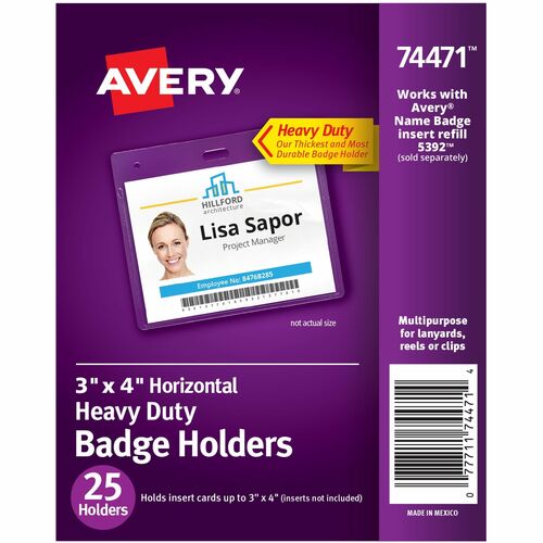 Badge Holders, Top Load, Landscape, Pre-Punched, 3" x 4" 25/PK