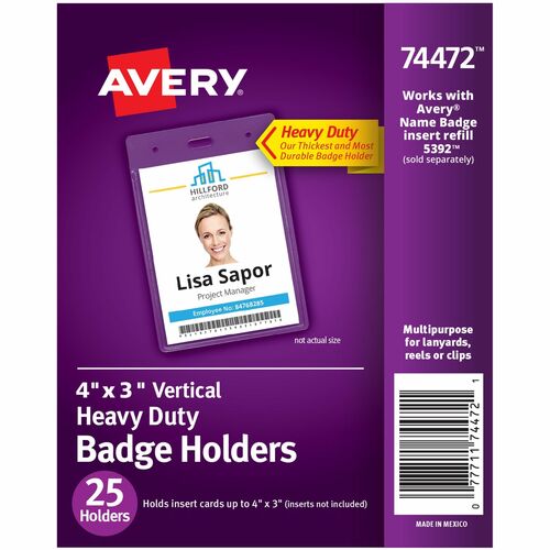 Badge Holders, Top Load, Portrait, Pre-Punched, 3" x 4" 25/PK