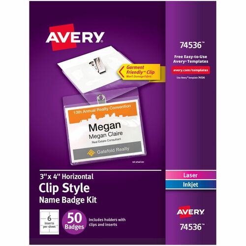 Name Badges, With Clips, Laser/Inkjet, 4"x3", White, 50/Pk 5/CT
