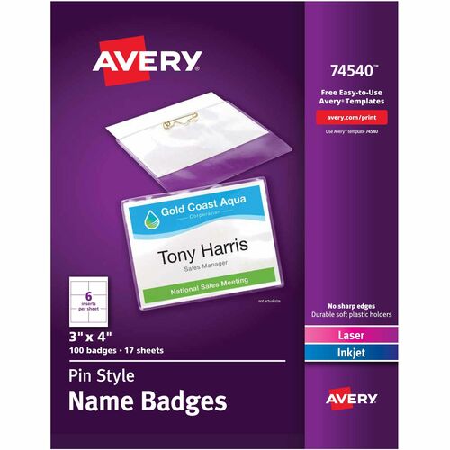Name Badge Kit, Easy Packet, Pin, Top Load, 3"x4", WE 100/BX